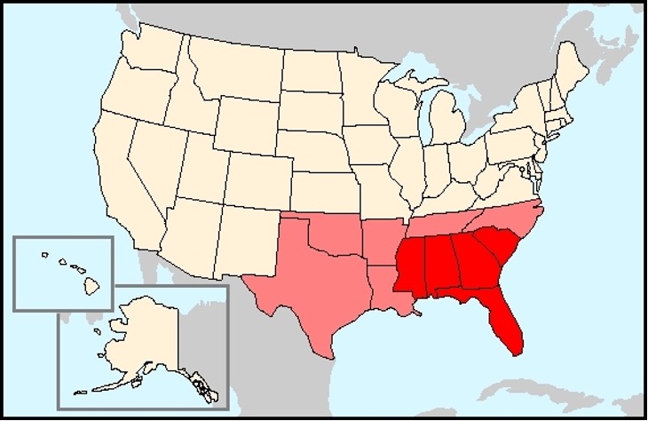 Obesity prevalence varies depending on region. The South (pictured in in light red), and particularly the Southeast (pictured in bright red), has disproportionately high levels of obesity as compared to the other regions in the US
