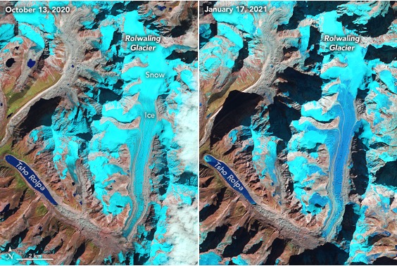 Two Landsat images showing snow melting at Himalayan glaciers, taken in October 2020 and January 2021. In the image, the light blue color represents snow, the medium blue represents ice, and the darkest blue represents meltwater. Black areas are shadows